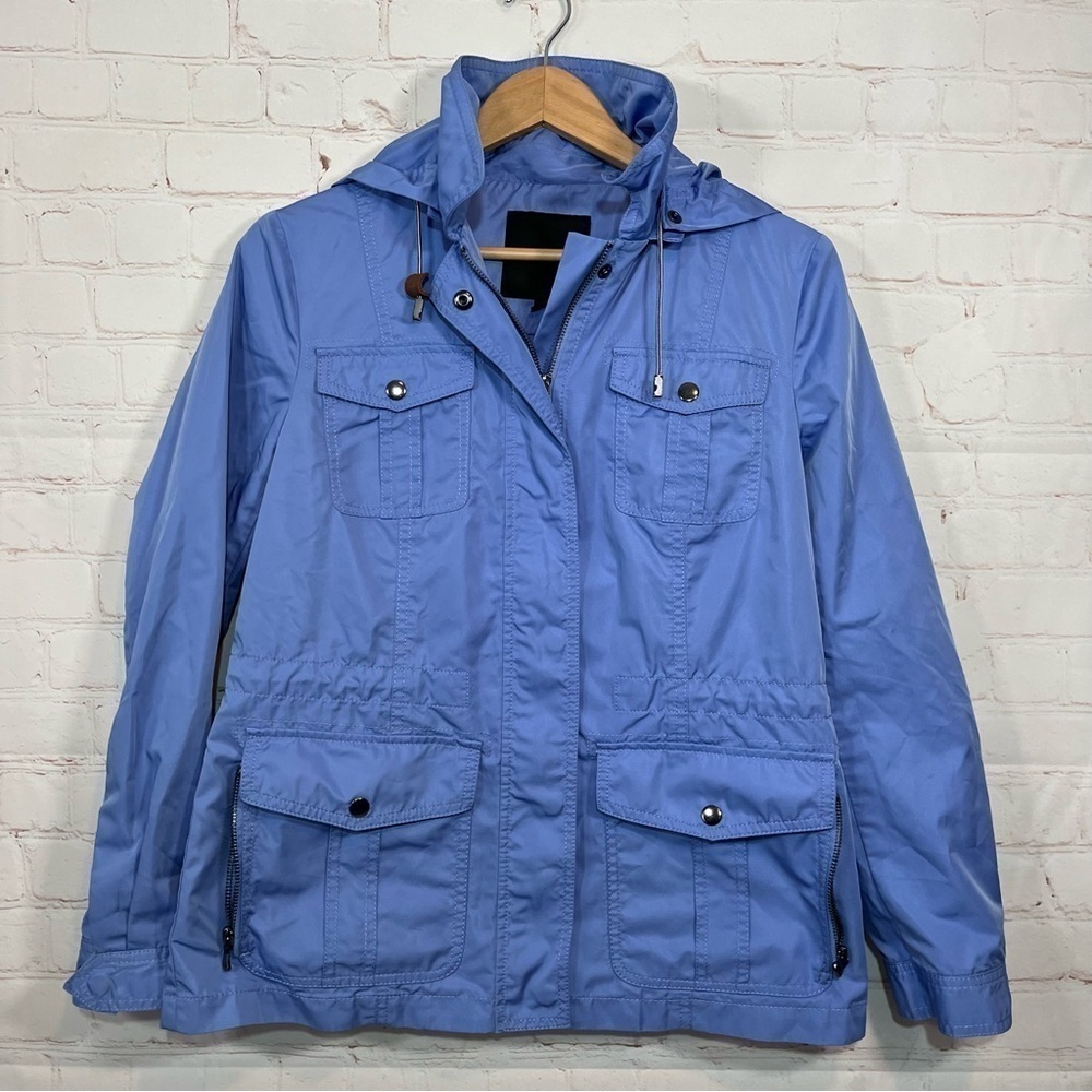 Talbots Chore Jacket Womens Small Blue Hooded Barn Coat Pockets Cinch Waist
